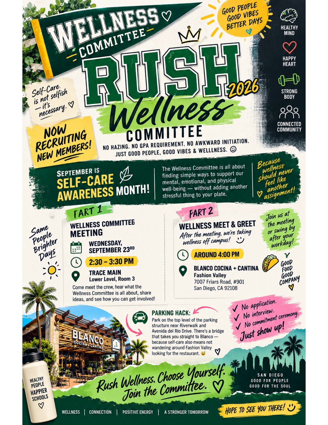 Wellness Committee Rush 2026 flyer. Now recruiting new members. September is Self-Care Awareness Month. Part 1: Wellness Committee Meeting, Wednesday September 23, 2:30 to 3:30 PM, TRACE Main, Lower Level Room 3. Part 2: Wellness Meet and Greet, around 4:00 PM at Blanco Cocina + Cantina, Fashion Valley, 7007 Friars Road #901, San Diego CA 92108. No application, no interview, no commitment ceremony — just show up.